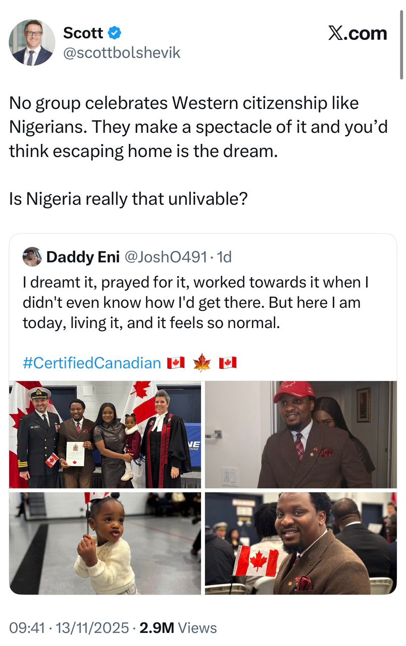 Is Nigeria unlivable?- U.S. citizen mocks Nigerian man celebrating Canadian citizenship